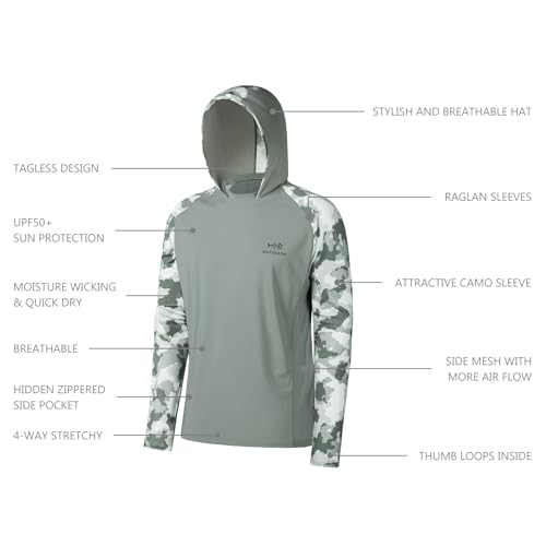 BASSDASH Men’s UPF 50 Performance Fishing Shirt Cooling Hoodie Camo Long Sleeve FS17M - color: Ash Grey/Ash Green Camo, size: Small