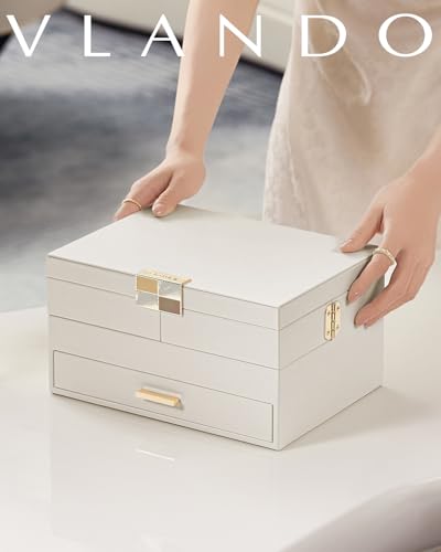 VLANDO 3 Layer Jewelry Box - Women Jewelry Box with Retractable Tray - Jewelry Organizers with Drawer for Necklaces, Rings, Bracelets, Earrings, Valentines Gift for Mom Girls - Cloud White - color: A.Cloud White, size: 3-Layer