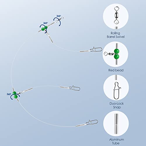 Fishing Leader Fishing Rigs, Luroad 6/12/18 Pcs Nylon-Coated Lines with Swivels Snap Beads, Stainless Steel Hooks Crimps Saltwater Freshwater for Fishing Lovers Angler, 1 Arm/ 2 Arms - color: D.2 Arm-Green-6pcs