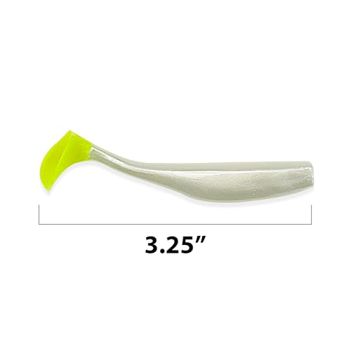 Soft Plastic Paddle Tail Swimbaits – 3 1/4", 4" & 5" Soft Plastic Fishing Lures with Extra-Large Tail for Lifelike Swimming Action – Freshwater & Saltwater - color: Pearl White with Electric Green Tail, size: 3 1/4 Inch - 12 Pack