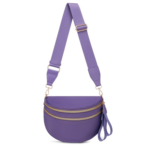 Pure Colour Crossbody Bum Bags for Women Spacious Checkered Cross body Bag Nylon Trendy Fanny Pack for Travel - color: Cloudy Purple