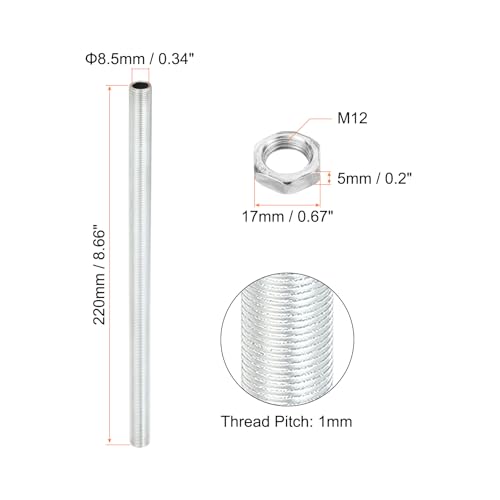 PATIKIL M12 Thread 8.66" Lamp Pipe Kit with Lock Nuts, 3 Set All Thread Rods Fasteners Hardware for Chandelier Ceiling Light DIY, Zinc Plating - size: 8.66"