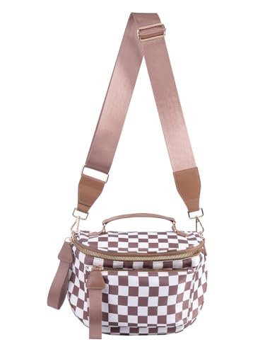 Checkered Crossbody Bag Bum Bag For Women,Spacious Checkered Purse Fanny Packs,Upgraded Version With Carry Handle - color: Handle Checkered - Coffee