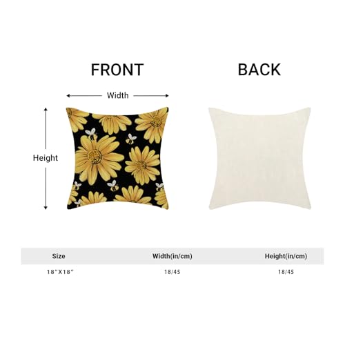 Summer Pillow Covers 18x18 Inch Set of 2 Black Background Yellow Floral Bee Throw Pillows Outdoor Decorative Spring Floral Bee Pillowcases Linen Cushion Cases for Bed Sofa Couch - color: Black Sunflower Bee, size: 18" x 18" (Pack of 2)