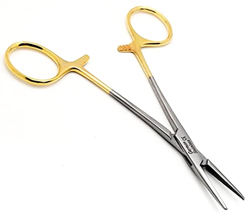 Mosquito Hemostat Locking Forceps 5" Straight with Full Serrated Jaws Ideal for Clamping, Fishing, Firefighters Nurses Doctors + More (Gold Handle) - color: Gold Handle