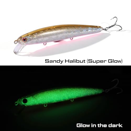 LITTMA California Surf Fishing Lures Saltwater Jerkbait Crankbait Surf Minnow 110/125 - Metallic Sardine Super Glow & Pearl Pink Belly Glow Lures for Halibut & Striper Fishing - color: Sandy Halibut (Super Glow), size: 110mm - 5/8oz