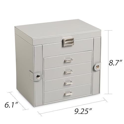 Frebeauty 5-layer Jewelry Box,Faux Leather Jewelry Organizer with 4 Drawers,Jewelry Organizers and Storage with Mirror,Jewelry Holder Organizer for Necklace,Jewerly Boxes for Women Girls(Grey) - color: Grey, size: Medium