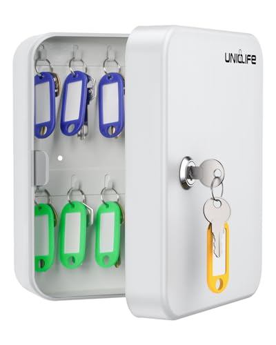 Uniclife 20 Position Key Cabinet with Key Lock Wall Mounted White Security Storage Box Steel Key Organizer with Colorful Key Tag Labels Identifiers Stickers and Hooks - color: White, size: 20-Key