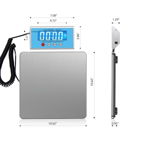 Shipping Scale 440lb with High Accuracy, Heavy Duty Stainless Steel Postal Scale with Hold/Tare, Digital Shipping Scale for Packages/Luggage/Post Office/Home, Battery & AC/DC Adapter