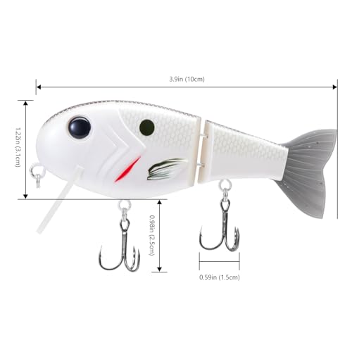 BASSROCK Topwater Fishing Lures for Bass Pike Salmon Floating Swimbait Jointed Crankbait Freshwater Saltwater 4.9in/1.76oz RK1001 - color: White Shad, size: 3.9in/1.04oz