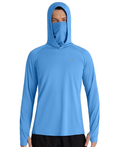 Roadbox Men's UPF 50+ Hooded Fishing Shirts Long Sleeve Sun Protection Hoodie, Hiking Running Swimming Rash Guard with Mask - color: Medium Blue, size: 3X-Large
