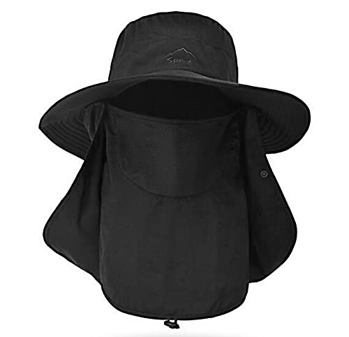 Fishing Hat for Men & Women, Outdoor UV Sun Protection Wide Brim Hat with Face Cover & Neck Flap - color: Black