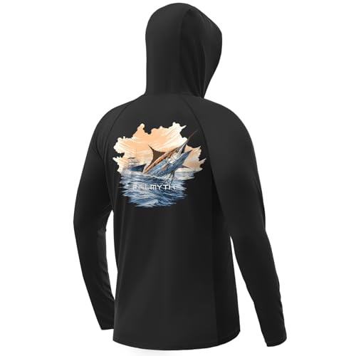 Palmyth Fishing Hoodie for Men Long Sleeve Sun Protection UV UPF 50+ Shirts - color: Black/Sailfish Pursuit, size: X-Large