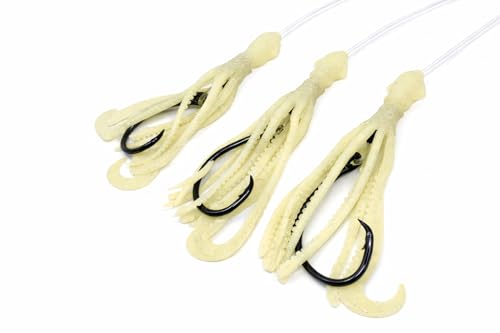 End Game Tackle Deep Drop Rig – Made in USA – New Super Stretch Glow Squid – NOAA Compliant Non-Offset Circle Hooks for Bottom Fishing - color: Natural Glow, size: 8/0 – 3 Hook