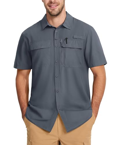 MAGCOMSEN Men's Fishing Shirts UPF 50+ Short Sleeve Sun Protection Shirts Quick Dry Cooling Button Down Shirt Hiking Safari - color: Dark Grey, size: X-Large