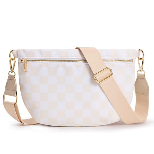 KALIDI Checkered Crossbody Bags for Women Travel Flat Fanny Packs for Woman Men Nylon Cross Body Purse Fashion Belt Bum Bag - color: Beige Checkered