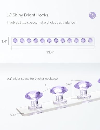 Acrylic Necklaces Holder Wall Mounted Necklace Hangers Hanging Jewelry Organizer with 12 Hooks, Clear Jewelry Hangers for Necklace Organizer for Girls Women, Necklace Hooks for Wall (Purple, 2 Pack) - color: Purple – 2Pack