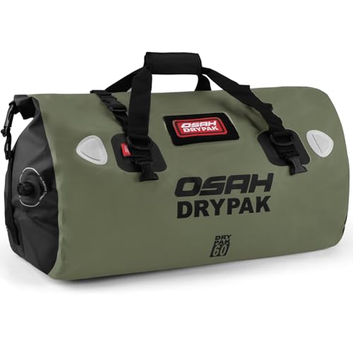 OSAH DRYPAK Waterproof Duffel Bag - Motorcycle Dry Bag Tail Bag with Large Storage Space, Waterproof Luggage Duffle Bags with Outer Mesh Zipper Pocket for Camping, Kayaking, Fishing & Traveling - color: Olive, size: 60L
