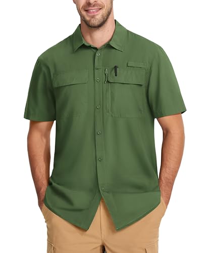 MAGCOMSEN Men's Fishing Shirts UPF 50+ Short Sleeve Sun Protection Shirts Quick Dry Cooling Button Down Shirt Hiking Safari - color: Army Green, size: XX-Large