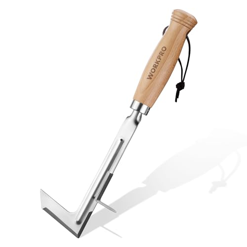 WORKPRO Crack Weeder, 12" Stainless Steel Crevice Weeding Tool Weeder Tool | Beech Wood Handle, L-Shaped Side-Walk Weed Puller Spatula, for Garden Lawn Yard Patio Terrace Paving Moss