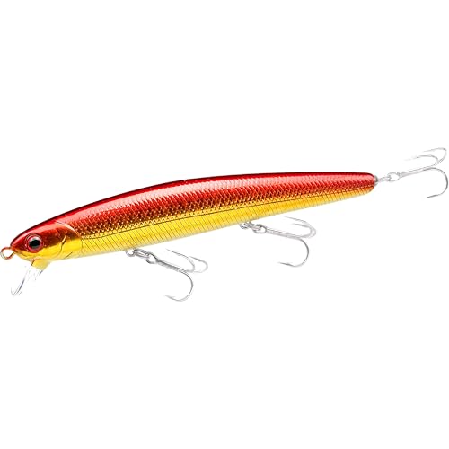 LUCKY CRAFT FlashMinnow 110, Saltwater Fishing Lures, Jerkbait Surf Fishing Accessories and Gear, 1-2 ft Slow Suspending Topwater Lure, Halibut and Bass - color: 680 Lens Gold AkaKin