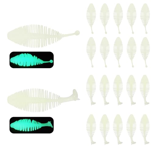Eupheng 20PCS Soft Plastic Swimbait, Ribbed Plastic Baits with Tickle/Paddle Tail, Fishing Worms Bionic Soft Leech Fishing Minnow Bait for Bass, Pike, Trout, Walleye - color: Glow in Dark Green, size: 5cm(1.96inch)