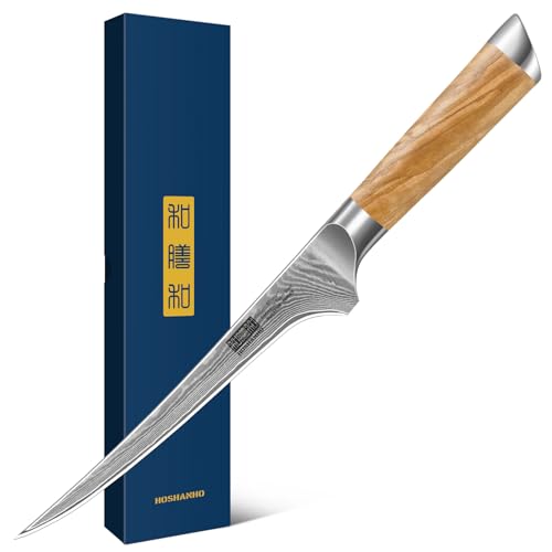 HOSHANHO 7 Inch Damascus Fillet Knife, Professional 10Cr15CoMoV Super Steel Japanese Boning Knife, Ultra Sharp Fish Knife with Ergonomic Olive Wood Handle - style: 7 Inch Fillet Knife