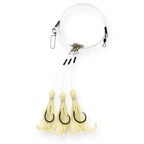 End Game Tackle Deep Drop Rig – Made in USA – New Super Stretch Glow Squid – NOAA Compliant Non-Offset Circle Hooks for Bottom Fishing - color: Natural Glow, size: 6/0 – 3 Hook