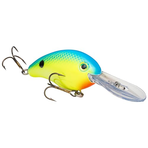 Strike King Pro Model 6XD Fishing Lure, Deep Diving Crankbait, Unique Curved Bill, Free-Floating Rattle Chambers, 1-Ounce, Dives to 19-Feet, Size 1 Treble Hooks - color: Chartreuse / Powder with Blue Back, size: 9/16 oz