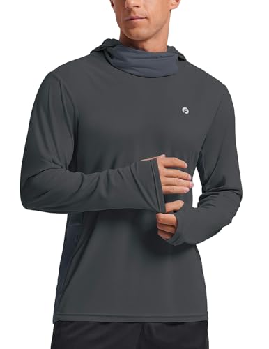 PINSPARK UPF 50+ Sun Protection Hoodie Men with Mask Quick Dry Long Sleeve Fishing Hiking Shirts UV Rash Guard Lightweight - color: Dark Grey, size: Medium