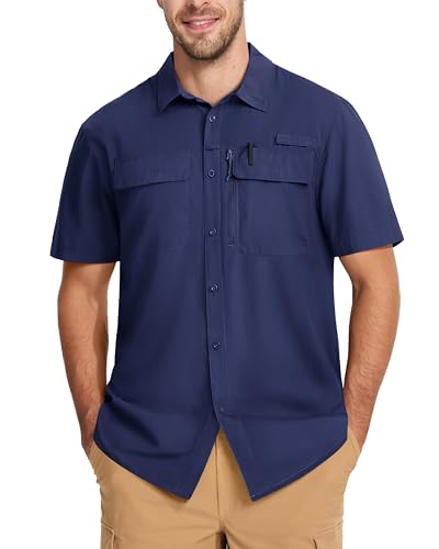 MAGCOMSEN Men's Fishing Shirts UPF 50+ Short Sleeve Sun Protection Shirts Quick Dry Cooling Button Down Shirt Hiking Safari - color: Navy, size: X-Large