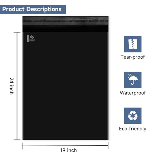 KKBESTPACK BLACK 19x24 50 PCS Large Poly Mailers Shipping Bags for Small Business – Self Sealing Package Envelopes - color: Black, size: 19" x 24" 50pcs