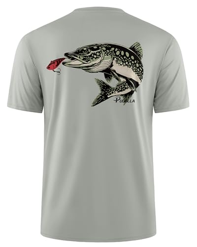 Pudolla Men's Fishing Swim Graphic Shirts Short Sleeve Sun Protection UV UPF 50+ SPF Tee Quick Dry Lightweight Water Tops - color: Grey_wild_fish, size: Large