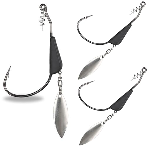 Reaction Tackle Tungsten Bladed Underspin Swimbait Hooks, Weighted Weedless Jig Heads for Bass, Pike, and Musky, Freshwater and Saltwater Fishing (3-Pack) - color: Black, size: 1/8 Oz - 5/0 Hook