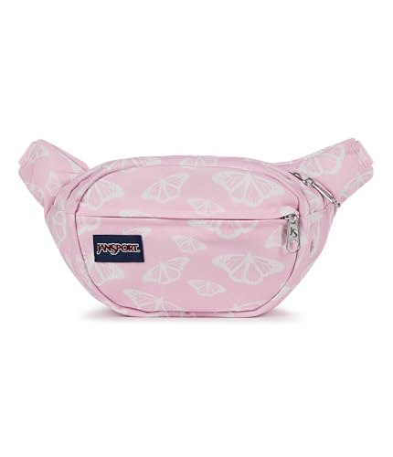 JanSport Fifth Avenue Fanny Pack Crossbody Bags for Women, Men - Stylish, Durable Waist Bag with Adjustable Belt, Main Zippered Pocket, Quick Stash Pocket - Travel Essentials - Black - color: Flutter By Pink Ice