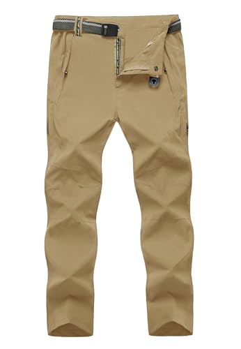 TBMPOY Men's Lightweight Hiking Pants with Belt 5 Zip Pockets Waterproof Quick-Dry Travel Fishing Work Outdoor Pants - color: A2-thin Khaki, size: Medium