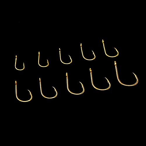 500PCS Small Fishing Hooks, Assorted 10 Sizes(3#-12#) Fish Hooks Portable Plastic Box, Strong Sharp Fishhook with Barbs for Freshwater/Seawater - color: Gold