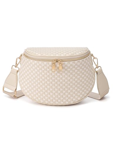 Trendy Woven Checkered Crossbody Bum Bag for Women，PU Leather Checkered Purse Fanny Packs Belt Bag (Woven Bum Bag - Beige White) - color: Woven Bum Bag - Beige White
