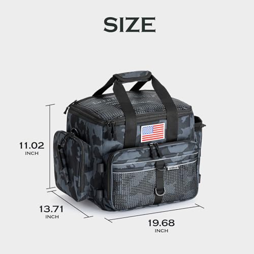 Ghosthorn Fishing Tackle Bag with Rod Holder Saltwater & Freshwater Resistant Large Tackle Box Bag - Adjustable Padded Shoulder Strap (Black Camouflage) - color: Black Camo, size: Large