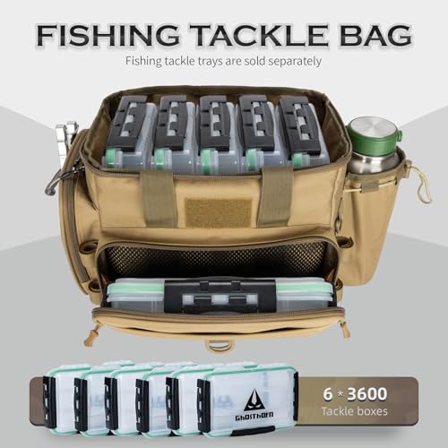 Ghosthorn Fishing Tackle Bag with Rod Holder Saltwater & Freshwater Resistant Tackle Box Bag - Waterproof Base, Adjustable Padded Shoulder Strap (Khaki) - color: Khaki--Waterproof Bottom, size: Standard