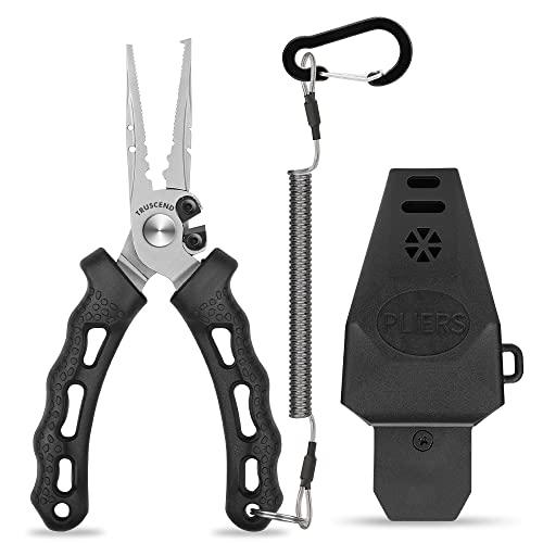 TRUSCEND Easy Use Lockable Fishing Pliers with Tungsten Carbide Cutter, Innovative Ergonomic Handy Handle, Saltwater Corrosion Resistant Teflon Coated Fishing Tool, Light Multi-Function Fishing Gear - color: E-black