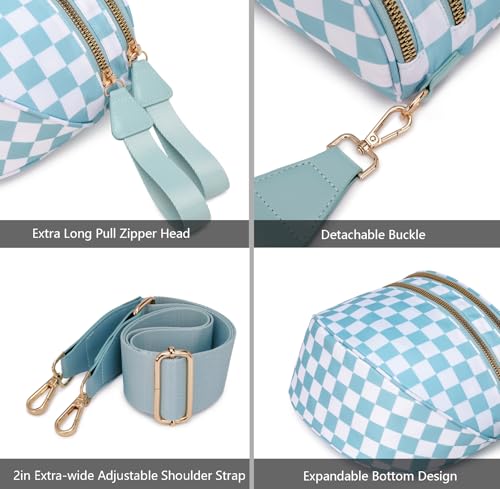 Pure Colour Crossbody Bum Bags for Women Spacious Checkered Cross body Bag Nylon Trendy Fanny Pack for Travel - color: Light Blue Checkered