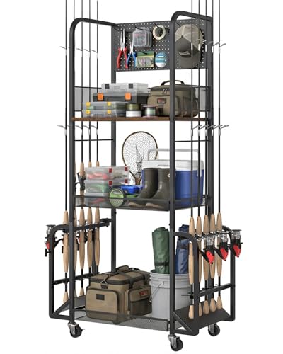 Fishing Rod Holders for Garage with Pegboard and Hooks, Fishing Pole Holders Up to 10 Rods, 3-Tier Anti-Drop Fishing Rod Storage Rack Cart with Lockable Wheels, Heavy-Duty Tackle Gear Organizer