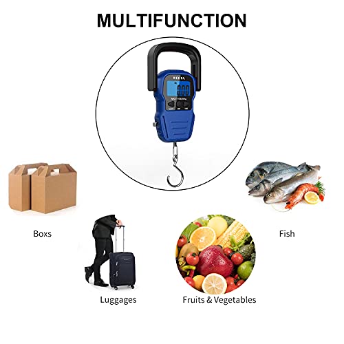 HEETA Fish Scale with Backlit LCD Display, Up to 110lb/50kg Digital Portable Hanging Fish Weight Scale with Hook & Measuring Tape for Home, Farm, Outdoor, Hunting, Fishing, 2 AAA Batteries Included - color: Blue