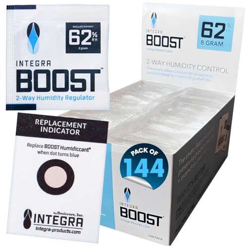 Integra Boost 62% RH, 2 Way Humidity Control Packs – 8g Size for Storing 1 oz – Pack of 144 Moisture Absorbers for Small Jars & Containers – Humidifier Packets for Herbs, Spices in Retail Display Box - size: Pack of 144