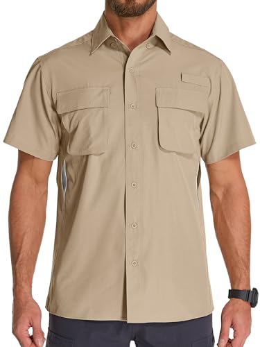 Mens Short Sleeve Button Down Shirts UPF 50+ Sun Protection Quick Dry Fishing Shirt for Travel Hiking Safari Camping - color: Tan Khaki, size: Medium