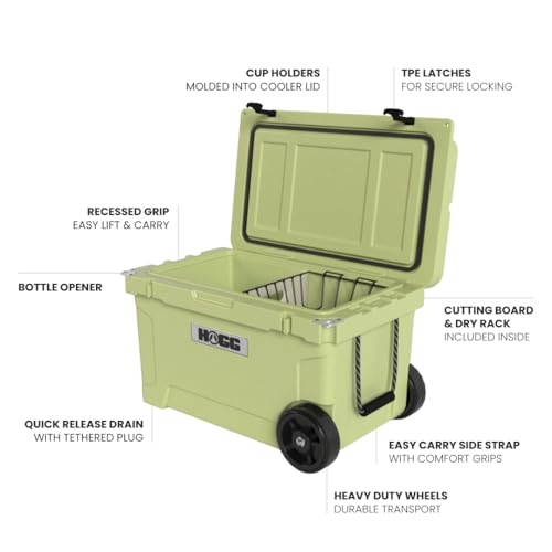 Hogg Rotomolded Coolers, Ice Chest with Wheels, Wheeled Cooler, Rotomolded Ice Chest, Dry Storage, Fishing and Camping Items, Birthday Gifts for Men - color: Willow Haze, size: 45qt