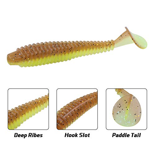 RUNCL Swimbaits Paddle 10/20/30/40PCS, 5/4/3/2 Inchs Paddle Tail, Soft Lure for Trout Crappie Bass, Durable Plastic Bait Swimmer for Saltwater/Freshwater, Fishing Lover's Gift - color: Chartreuse Jelly, size: 3in, 30pcs