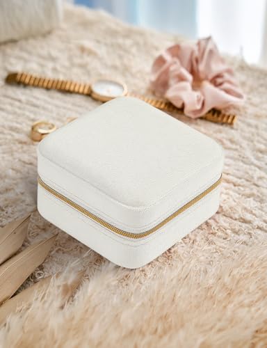 MFXIP Plush Velvet Travel Jewelry Case Small Jewelry Box Jewelry Organizer Storage Case Portable Jewelry Travel Case for Girls Womens Earring, Necklace, Rings,Bracelets with Mirror - color: Beige
