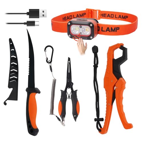 RAWILL Fishing Kit, 4 Mode LED Headlamp Rechargeable, Filleting Knife, Fishing Pliers with Lanyards, Gripper, As A Gift For Angler